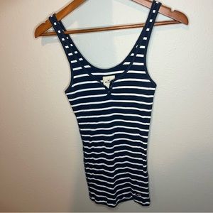 Hollister Navy Blue & White Striped Ribbed Henley Tank Top